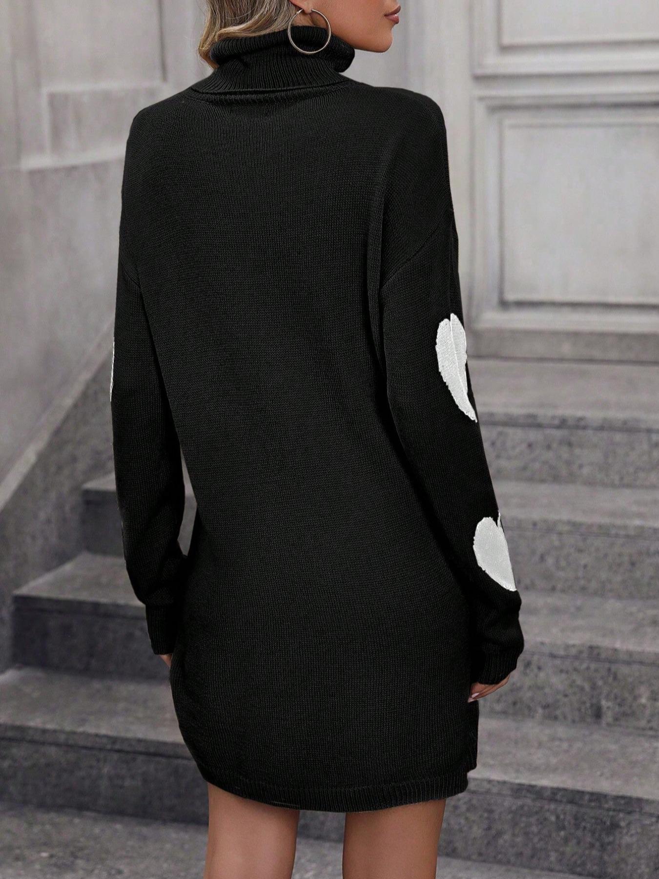 Women's Heart Print Drop Shoulder Sweater Dress, Casual Long Sleeve High Neck Jumper Dress for Fall & Winter, Fashion Women's Clothing for Daily Wear Womenswear Turtleneck