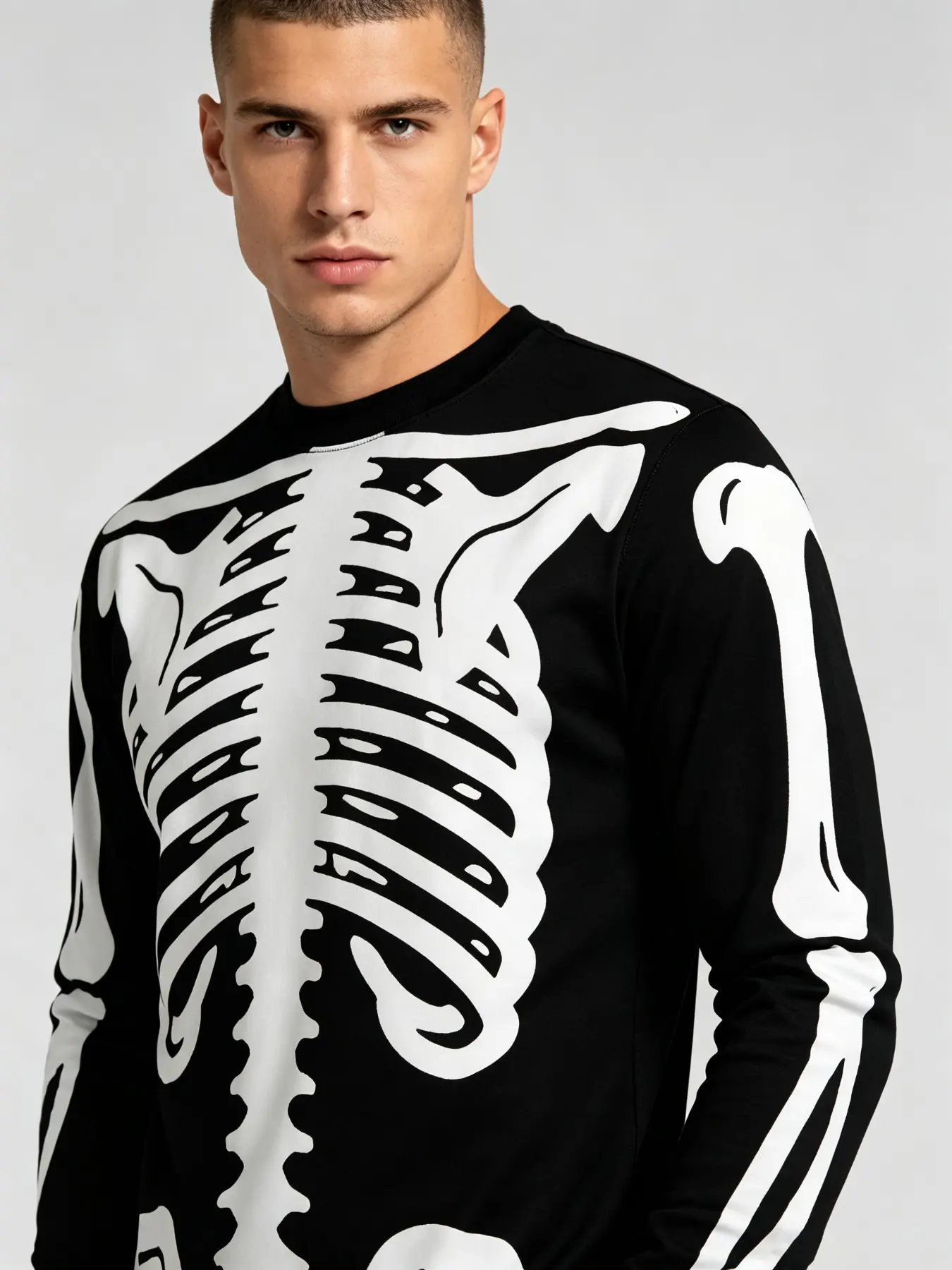 Men Skeleton Print Long Sleeve T‑Shirt, Gothic Halloween Crew Neck Top, Spooky Bone Graphic Tee, Casual Streetwear For Theme Party Daily Outfit.
