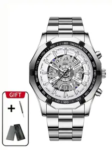 Men's Business Casual Analog Quartz Luminous Waterproof Watch As Father's Day Gift, Casual Watches for Men, 2025 Stainless Steel Strap Round Dial Calendar Watch, with Gift Box, Waterproof Wristwatch