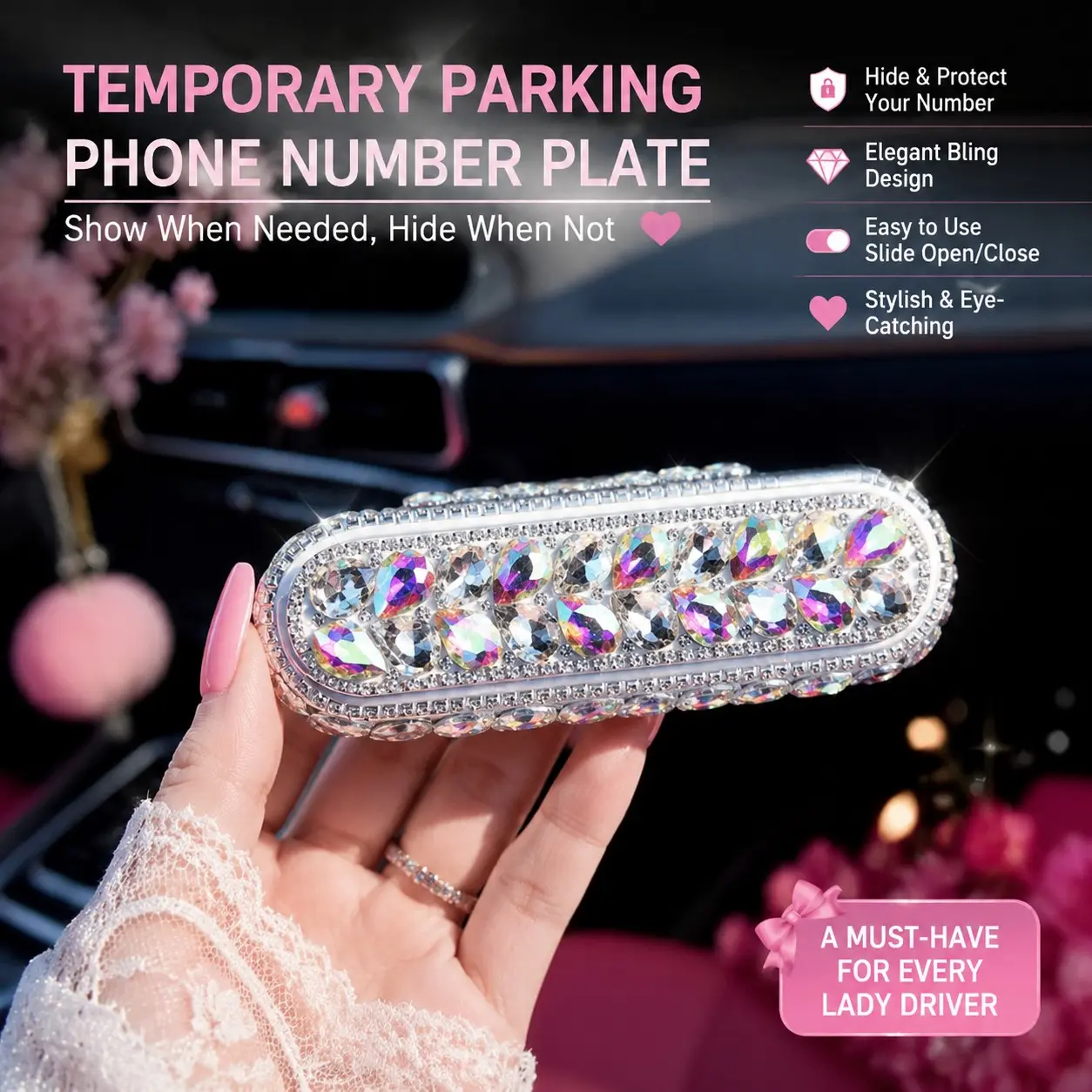 Luxury Sparkling Rhinestone Parking Sign, Durable Car Dashboard Decor, Car Decorations, Elegant Women's Car Accessory, Perfect Gift for Friends and Family