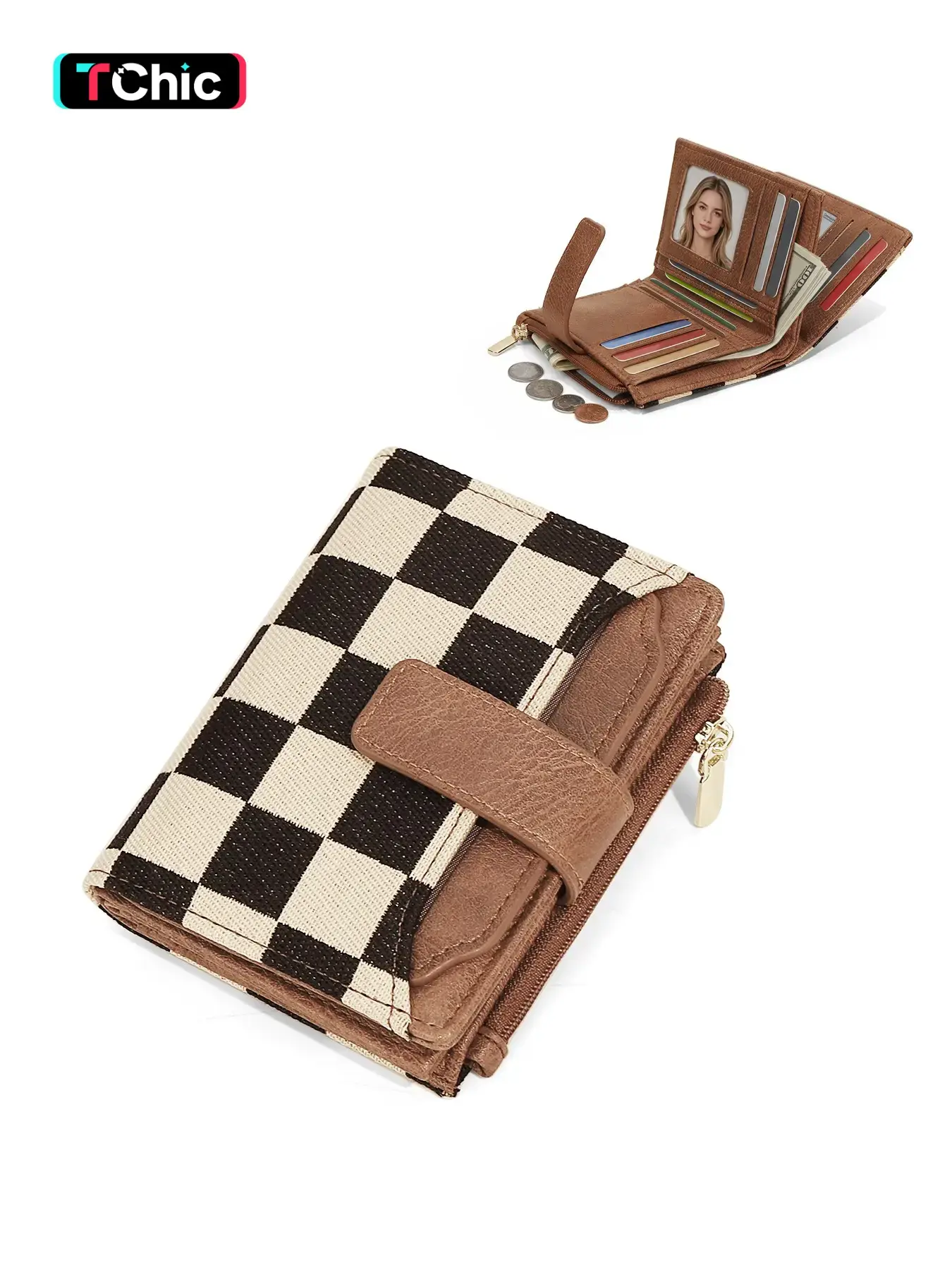 Women's Colorblock Checkered Small Wallet, Soft PU Leather Compact Card Holder, Bifold Wallet for Women with Zipper Coin Pocket & 3 ID Windows