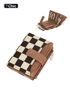 Checkered Small Wallet Women Blocking Soft Leather Bifold Compact Card Holder Wallet for Women with Zipper Coin Pocket 4 ID Window