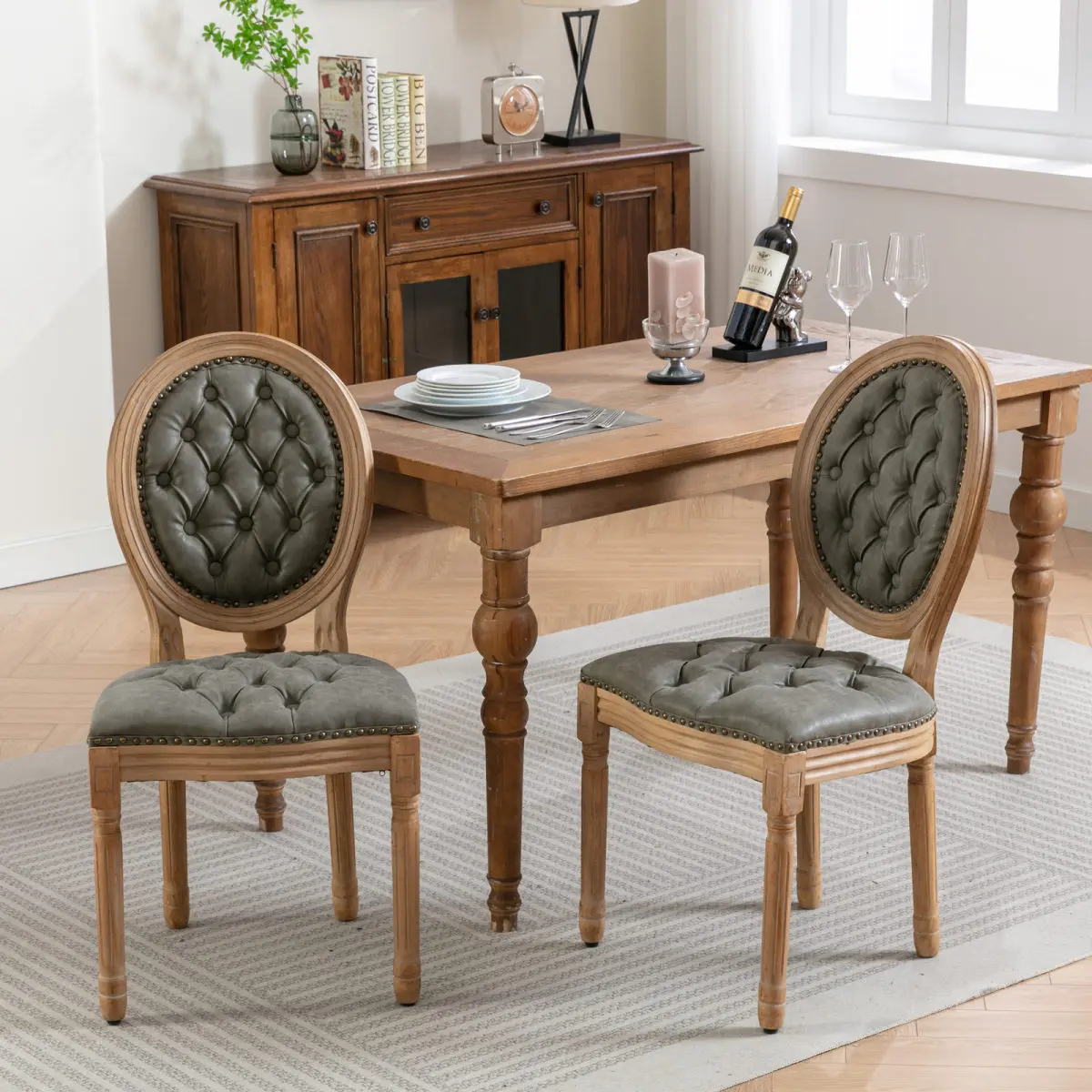 [Fahuac] Set of 2 French Country Dining Chairs, Hand Tufted Oval Back, Vintage PU Leather Upholstery, Distressed Solid Wood Legs, Nailhead Trim Accent Chairs for Kitchen Living Room.