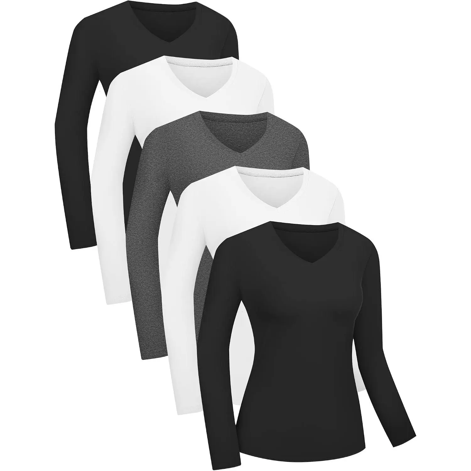 Women's Basic Long Sleeve V-Neck Slim Fitted Tops 1/5 Pack - Stretchy Compression, Butter Soft, Baselayer, Underscrub, Casual Going Out Fall Tee