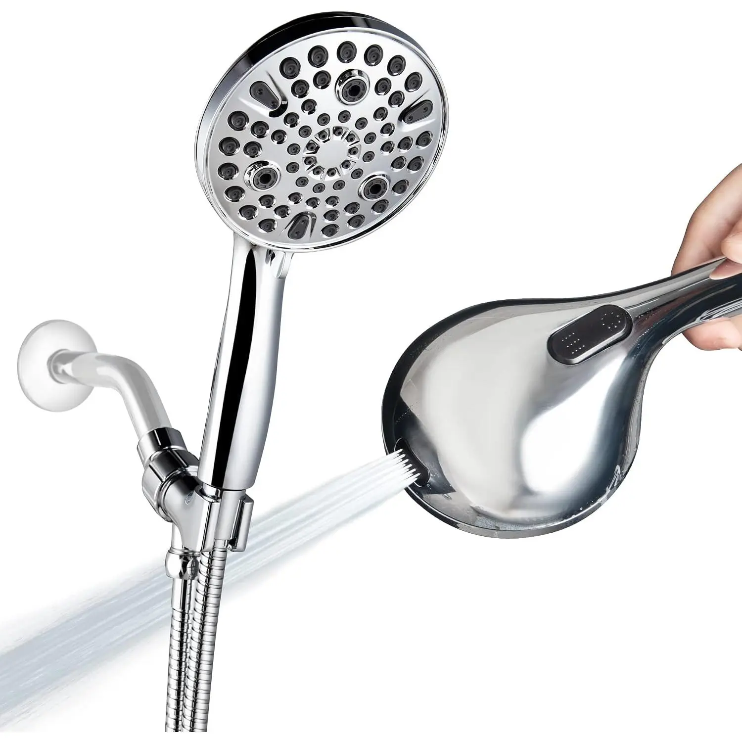 High  Handheld Shower , 10-Setting Showerhead, 4.7”Detachable Showerhead Set with 5ft Hose, Adjustable Bracket and -in Power Wash to Clean Tub, Tile & Pets - Polished Chrome