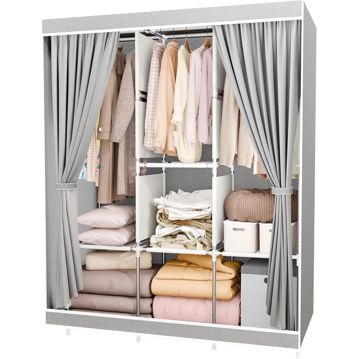 BAOKALER Portable Closet for Hanging Clothes 67 Inch Wide Large Capacity Portable Wardrobe Closet with Cover, Storage Shelves and 3 Hanging Rod, Gray Wardrobe Closet Easy to Assemble and Strong