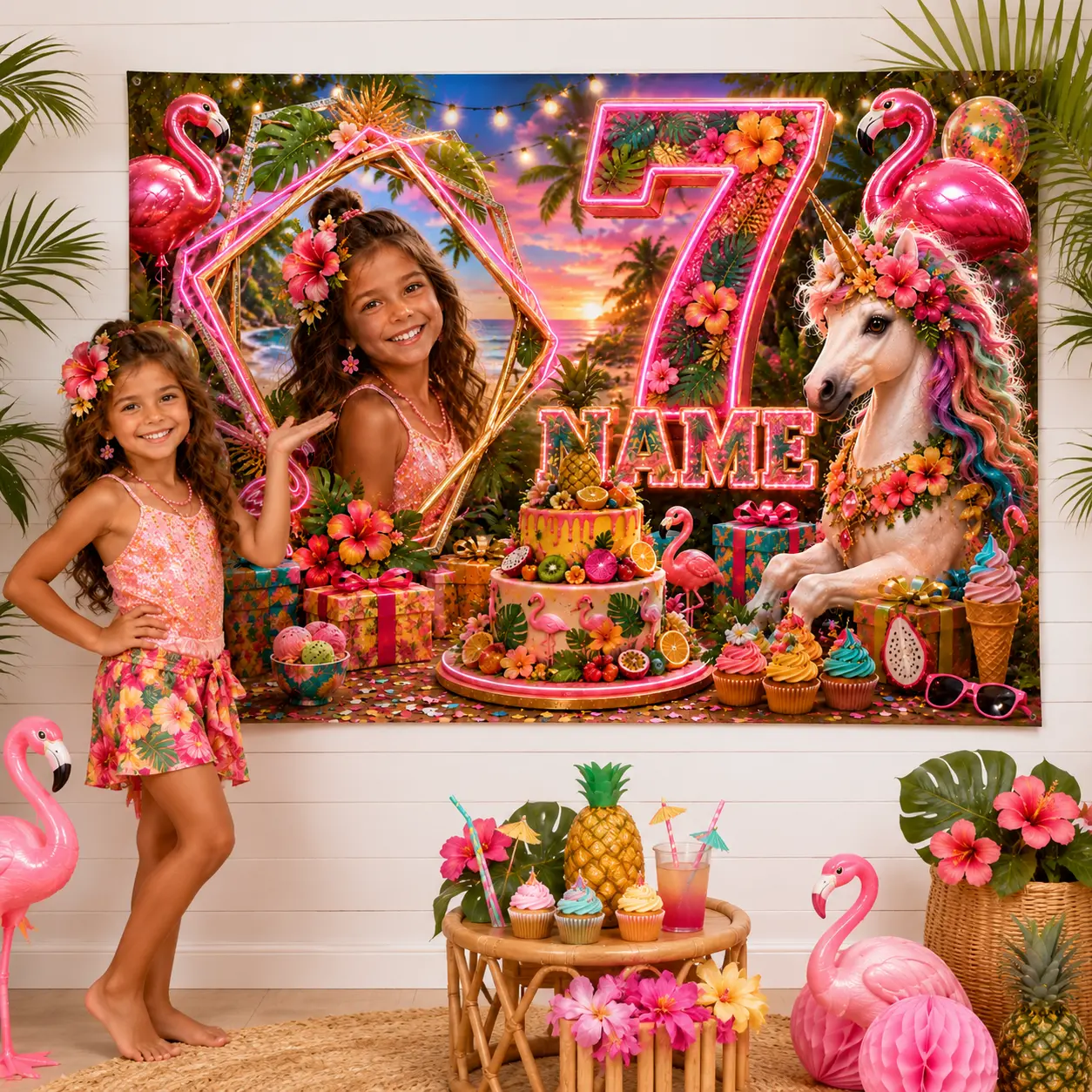 Personalized 7th Birthday Backdrop - Festive Party Decor with Photo, Name, Flamingos, Unicorn, Hibiscus, Beach, Sunset, Palm, Fruit, Floral Elements & Banners