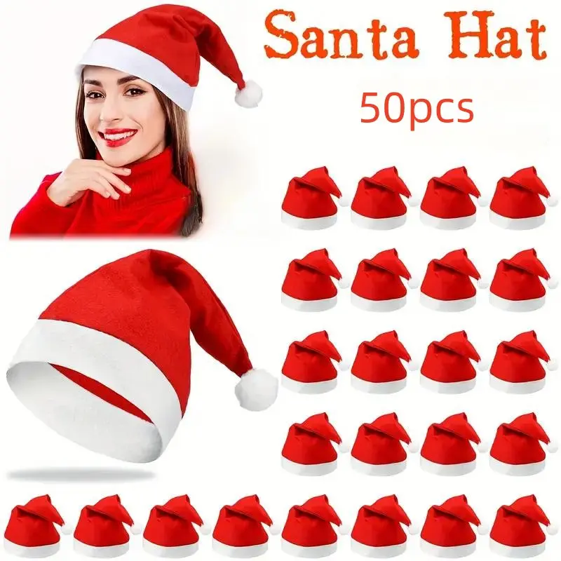 50pcs Non-Woven Fabric Santa Claus Xmas Hats, Adult Christmas Caps, PP Material, No Feather, Party Supplies