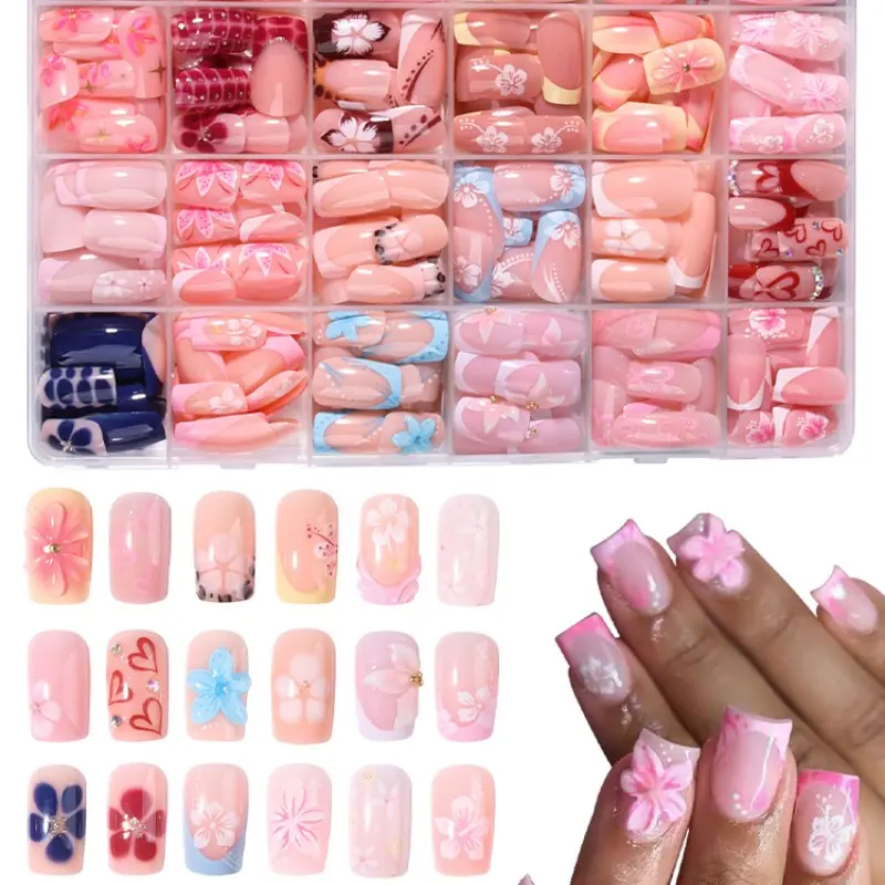 576pcs Short Oval Press-On Nails, Nails Press Ons, Sakura/Peach Hand-Painted Design, Multi-Color French Tips for Party & Daily Use, Includes Glue & File, Nail Art Supplies, Manicure Nail Art