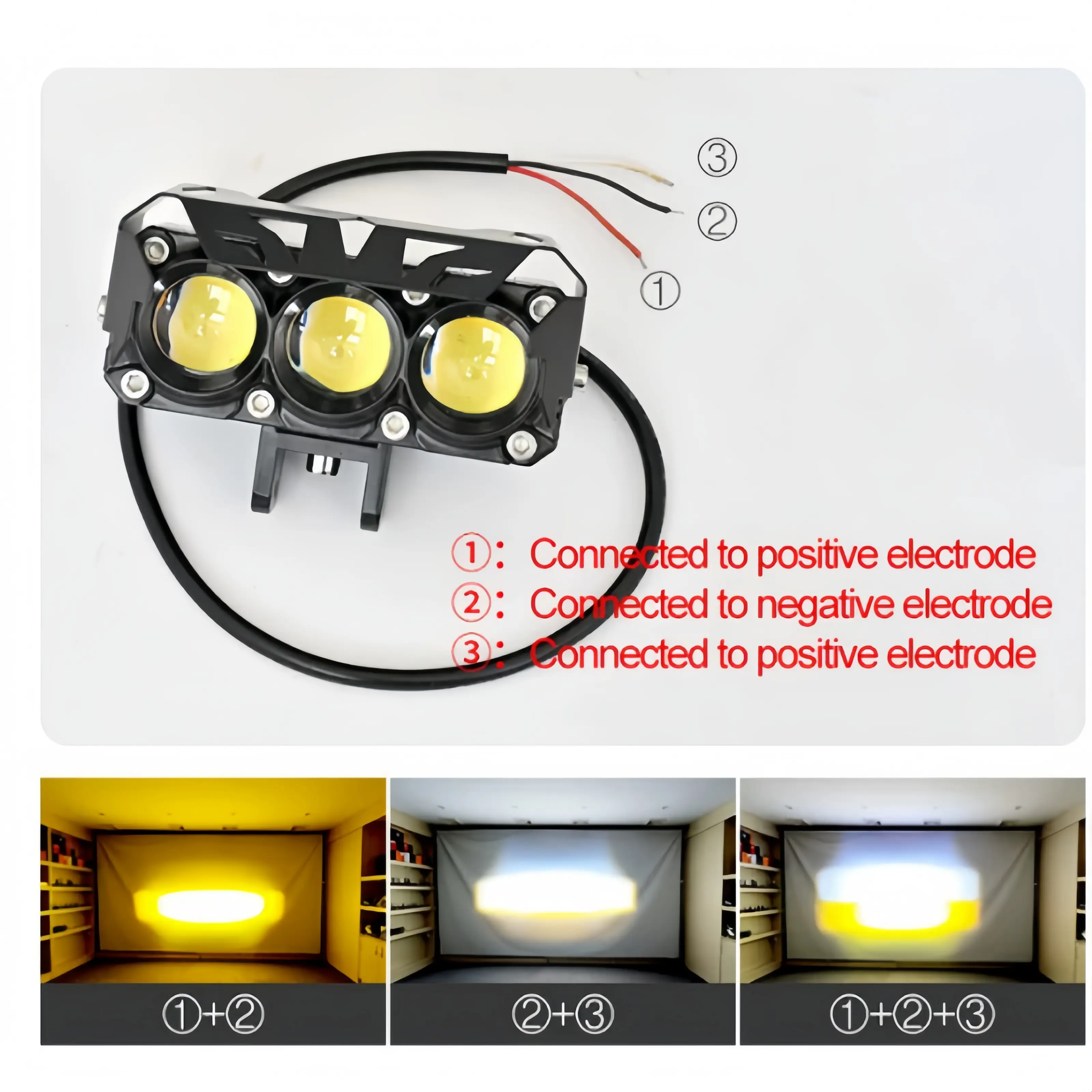 12V-80V Universal 3-Chip Lens LED Driving Light - Bi-Color Yellow & White, Super Bright Long-Range Waterproof Focus Spot Light for Vehicles 5-pin rocker switch drive