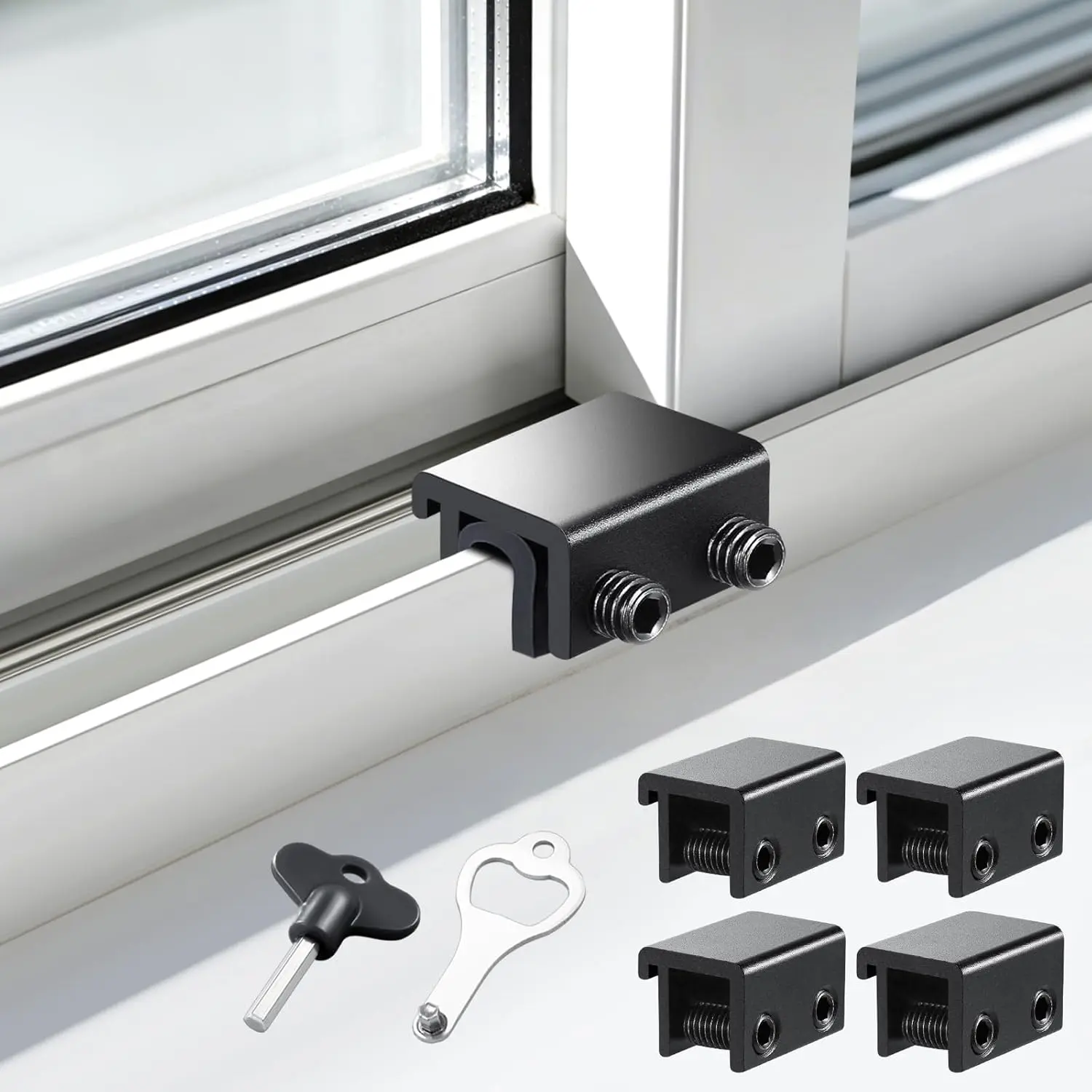 4 Sets Sliding Window Locks with Key – No Drilling Needed, Easy to Install – Up/Down & Horizontal Sliding Windows, Window Stopper for Home, Apartment, Hotel (Black)