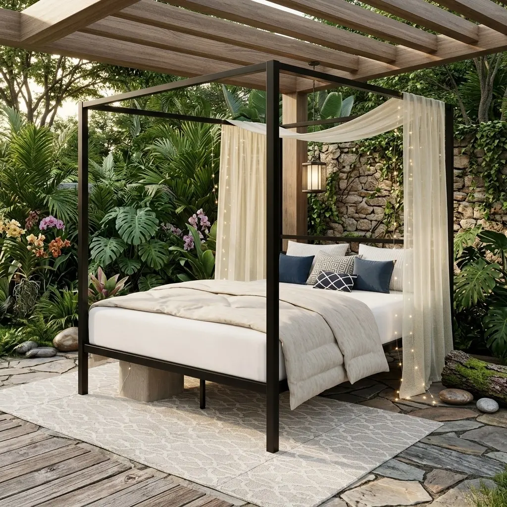 Black 4-Post Canopy Iron Bed Frame - Full/Queen Size, 12.4in Underbed Storage Space, 1000lbs Sturdy Metal Slats Support, Customizable Canopy Design, No Box Spring Needed, Quick Easy Assembly for Bedroom Decor