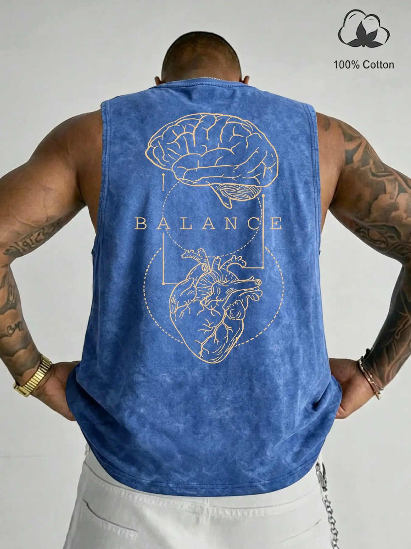 Vintage Wash 100% Cotton Sleeveless Fitness Sports Tank Top, Brain Heart Balance Line Art Letter Back Print Loose Casual Fitness Tank Tops Gym Streetwear Graphic Vest #BalanceTankTop #LineArtPrint #VintageGymVest #MensStreetwear #TikTokMadeMeBuyIt