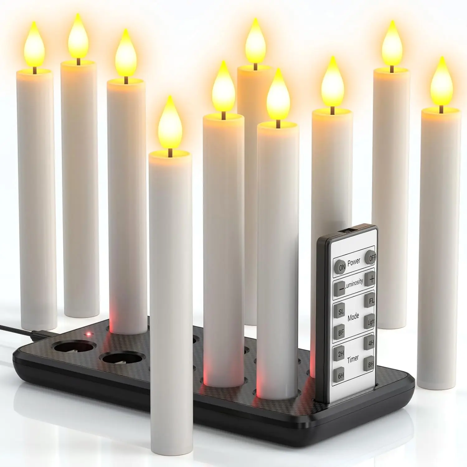 Rechargeable Flameless Taper Candles with  Station, 10 Pack | 0.78*6.7, 200H+ Runtime, LED Candles, Remote Timer, Flickering Tapered Candlesticks, for Window Wedding Christmas  Decor
