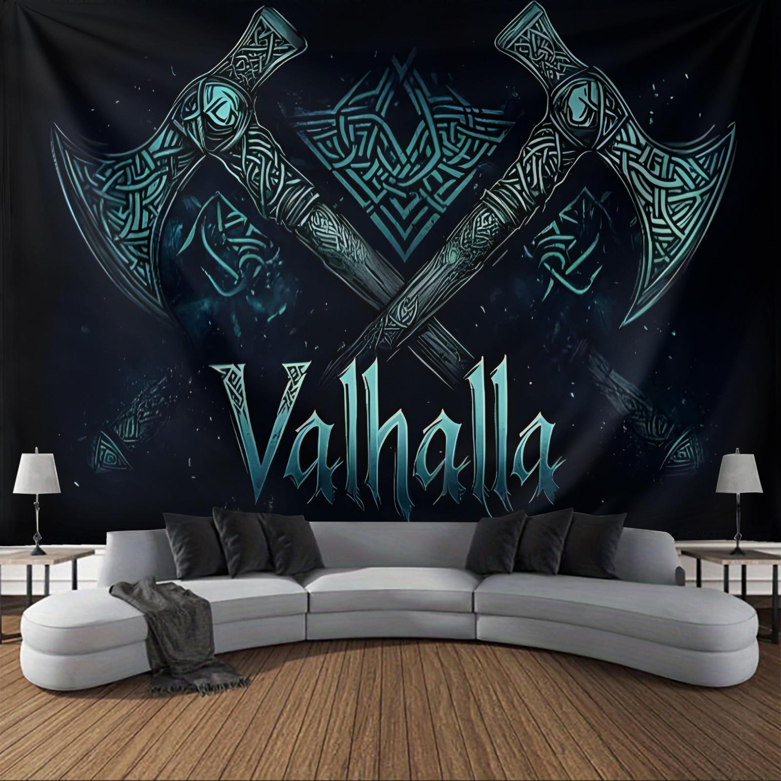 Fantasy Axe Theme Banner with Celtic Knots and Stars, Vibrant Blue Wall Art for Living Room Bedroom Office Party Backdrop, High-Quality Peach Beige Fabric Home Decor