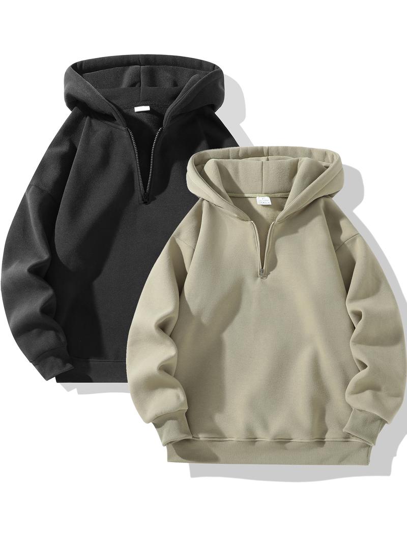 Men's Plain Half Zip Up Thermal Lined Longsleeves Hoodie, Hoodies for Men, Regular Fit Casual Cozy Fashion Warm Drop Shoulder Long Sleeve Hooded Sweatshirt for Fall & Winter, Mens Clothing, Hoodies for Men, Menswear, Cute Hoodies