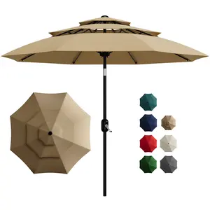 10FT 3-Tier Vented Patio Umbrella, Fade-Resistant UV Protection Canopy with Reinforced Iron Frame & 8 Sturdy Ribs, Crank Lift & Push-Button Tilt Outdoor Market Parasol for Garden, Pool, Deck & Yard
