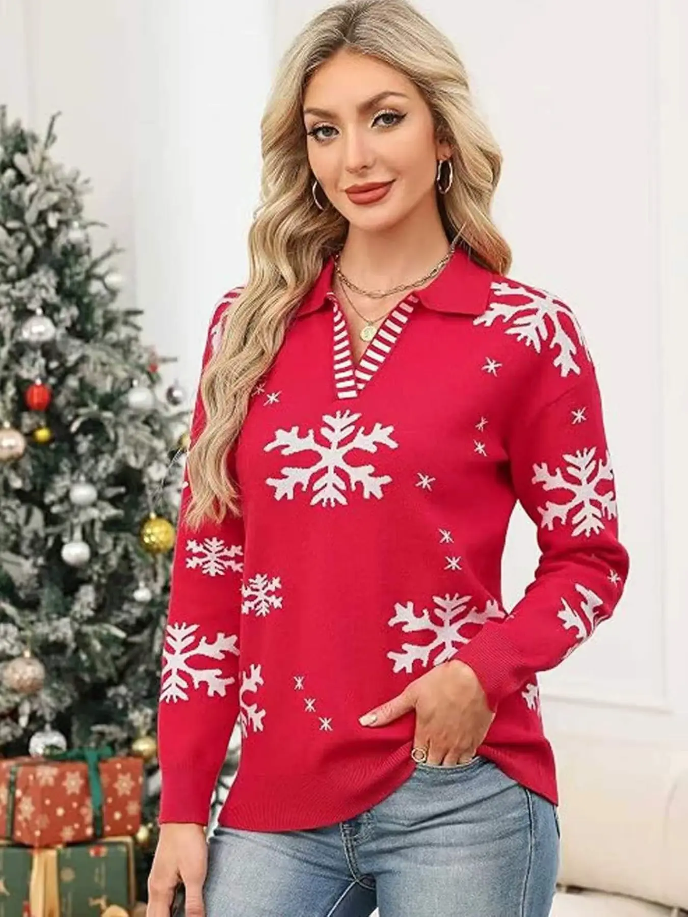 Knitted Pullover Fall Winter Christmas Snowflake Embroidery Polo Neck, Soft Long Sleeve Sweater for Holiday Parties