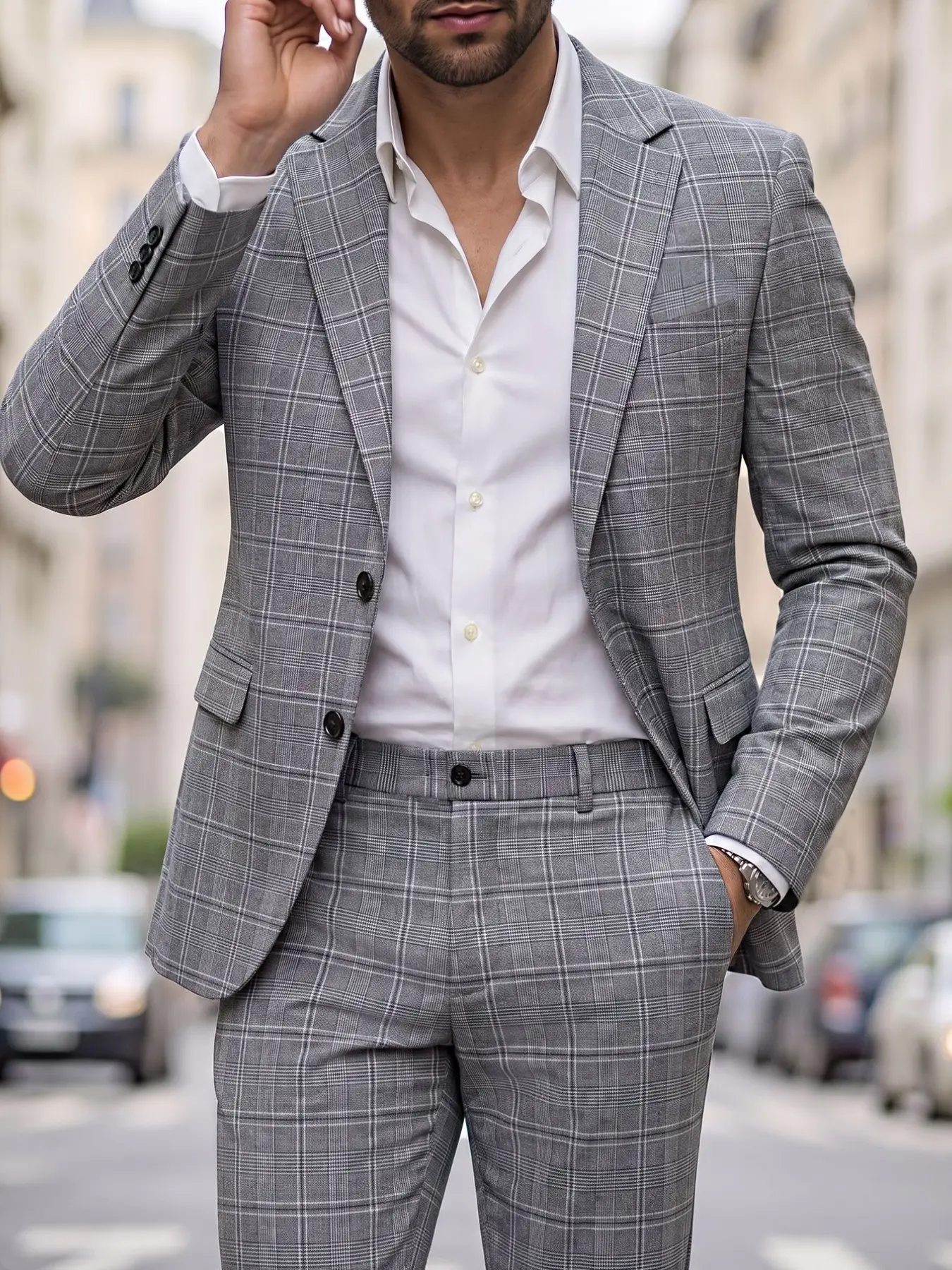Men's British Style Plaid Slim-Fit Business Blazer Set, Perfect for Parties, Weddings, Business, Stage Performances, Long Sleeve, Casual, Suits