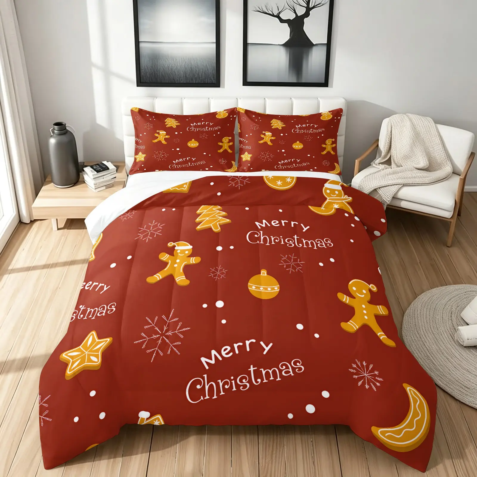 3pcs Full Size Christmas Quilt Set, Gingerbread Man Snowflake Pattern, Bedroom Holiday Decor, Comfortable Breathable, Includes 1 Quilt and 2 Pillowcases