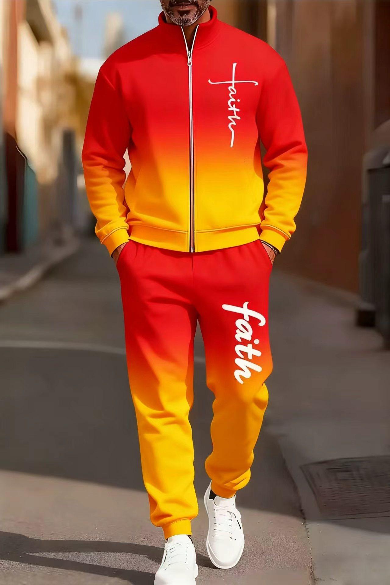 Men's fashionable and casual sportswear featuring a gradient digital print, including a stand-up collar cardigan jacket and pants, making it a two-piece set suitable for daily casual wear and trendy gradient sportswear series, Sporty Style Breathable Acti