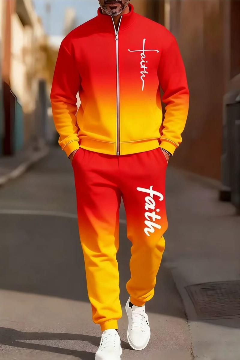 Men's fashionable two-piece set, a popular style featuring gradient and multi-colored sportswear, is here: blending street fashion with a sporty vibe, effortlessly exuding a trendy and fashionable look