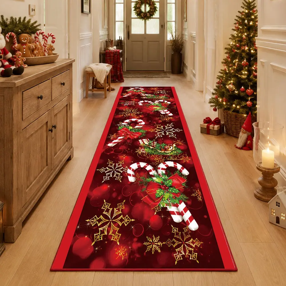 Christmas Candy Print Runner Rug, Velvet Festival Home Decor Carpet Suitable for Lobby, Living Room, Hallway, Bedroom, Entry Mat, Indoor Outdoor Use