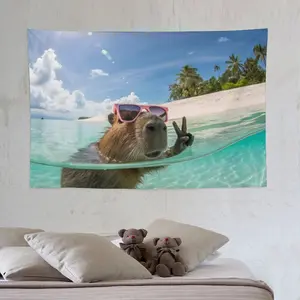 Chill Capybara Summer Tapestry, Cute Capybara in Sunglasses Wall Hanging, Tropical Beach Paradise Poster, Kawaii Animal Room Decor, TikTok Viral Trend Gift, Cozy Apartment Aesthetic Banner