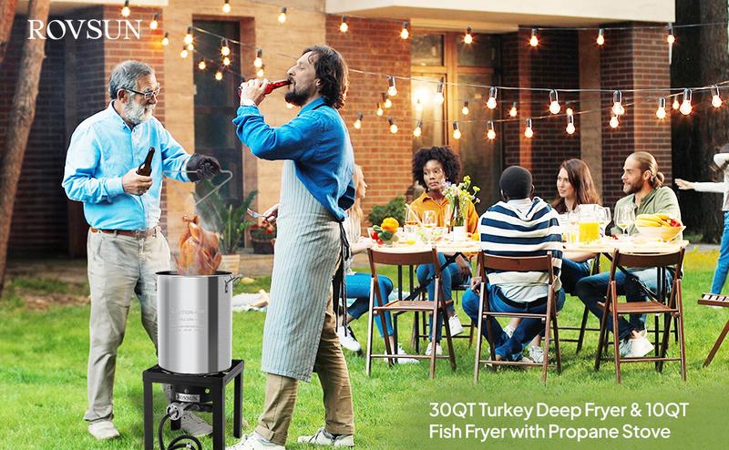 ROVSUN 30QT Turkey Fryer & 10QT Fish Fryer Kit w/ 55,000BTU Propane Stove, Aluminum Outdoor Deep Fryer & Seafood Boiler Steamer w/Baskets, Thermometer, Marinade Injector, Turkey Rack & Rack Lifter