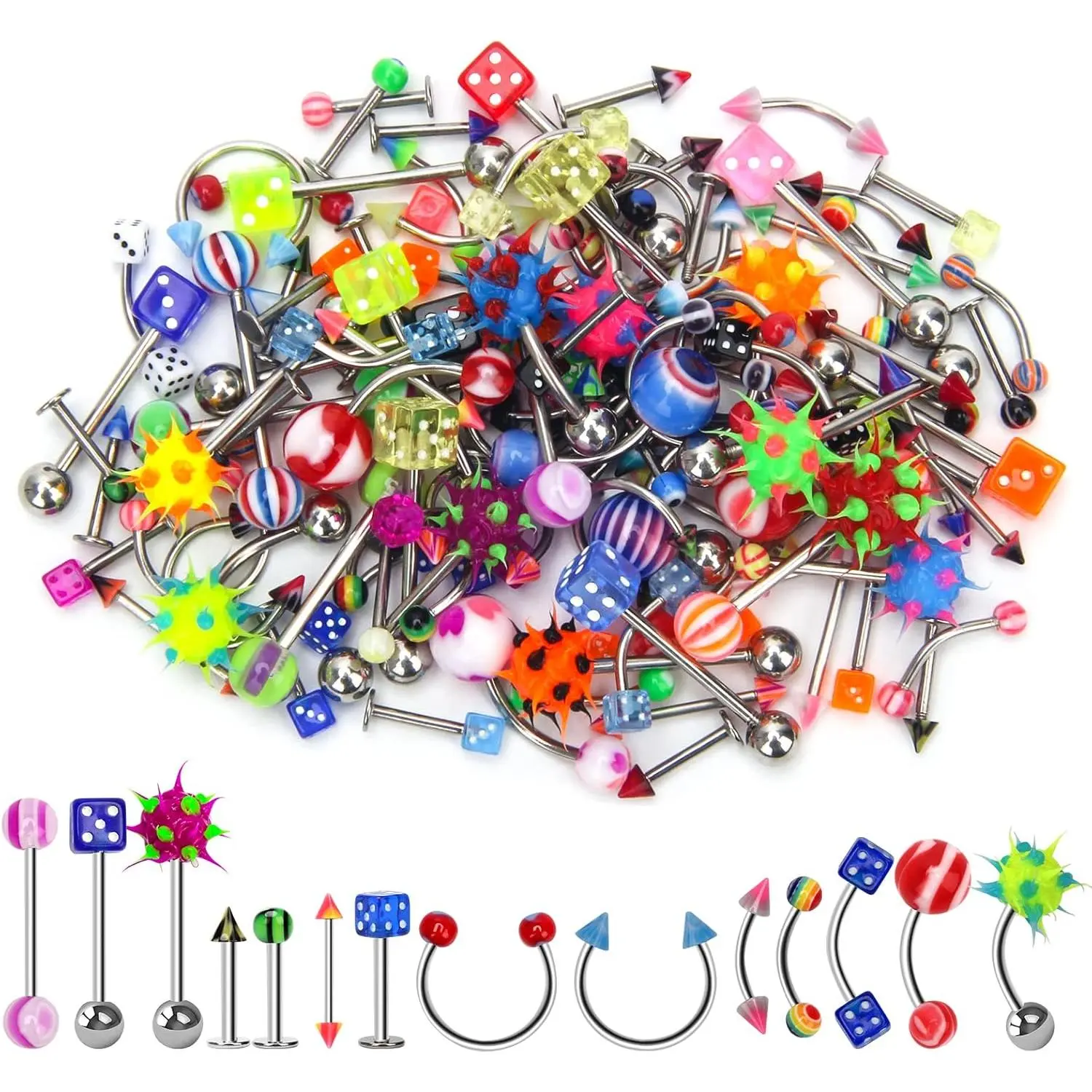 110PCS Unisex Hypo-Allergenic Fashion Metallic Body Jewelry Set - Barbells for Eyebrow, Navel, Tongue & Lip Piercings, Lip Piercing Jewelry, Curved Barbell Piercing Jewelry