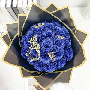 Glitter Roses Bouquet, Valentine's Day Gift DIY Fake Glitter Flowers Bouquet, Mother's Day Everlasting Shiny Artificial Blue Rose Bouquet, Anniversary, Engagement, Wedding，Christmas Decoration，Ribbon Flower