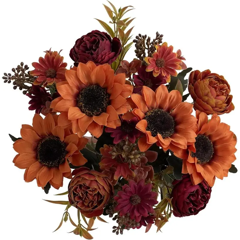2 Pcs Artificial Sunflower Flower Arrangement, Silk Fake Sunflowers for Home Office, Wedding, Fall Floral Arrangements, Halloween, Thanksgiving, Harvest Festival Decoration