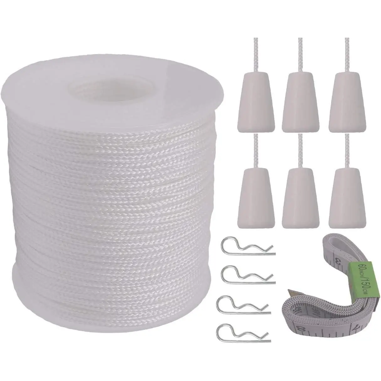 Roll of 60 Yards 2.0mm White Braided Nylon Lift Shade Cord with 6 Pack White Wood Cord Knobs + Soft Tape