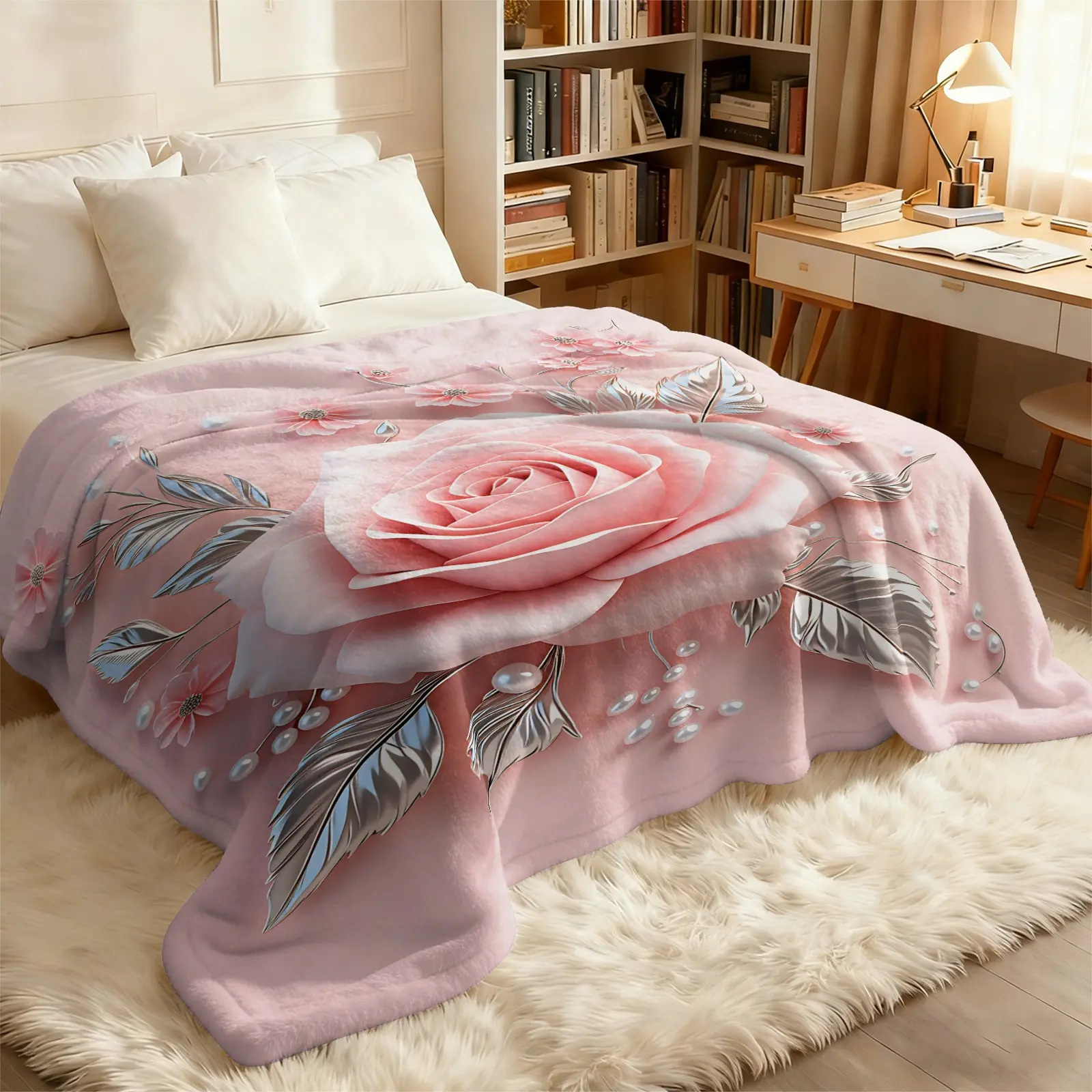 3D Pink Rose Flannel Blanket-Pink Peach Base & Embossed Texture Rose-Fluffy Soft & Skin Friendly-Single Nap Mat Double Sofa & bedroom Throw Blanket-Gentle and Romantic Style Home Decor Ideal for Gift