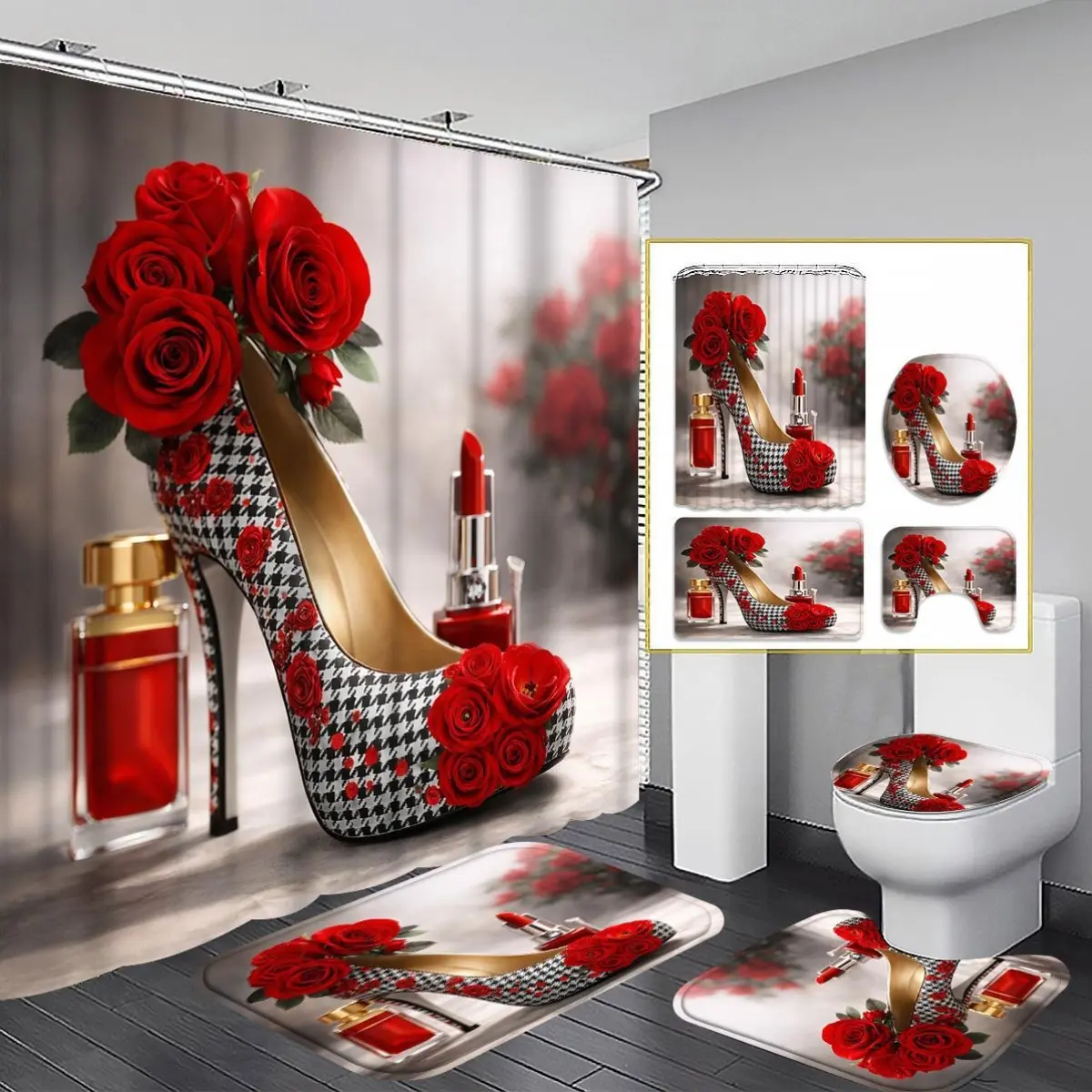 4-piece high-heeled rose shower curtain set, black and white plaid with red rose bathroom decoration, plus U-shaped toilet cover, 12 hooks, elegant and fashionable flower home decoration