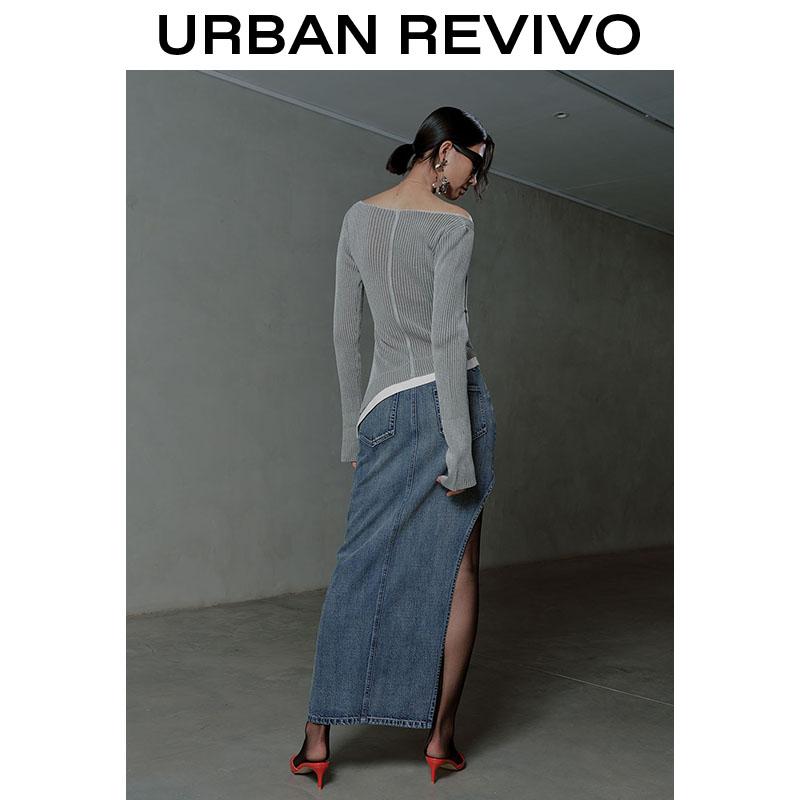 URBAN REVIVO Women's Deconstructed Denim Half Skirt  UWA840021 Casual Outfit 2025 Women Clothing Girl Elegant Fashion Trendy and Versatile OOTD