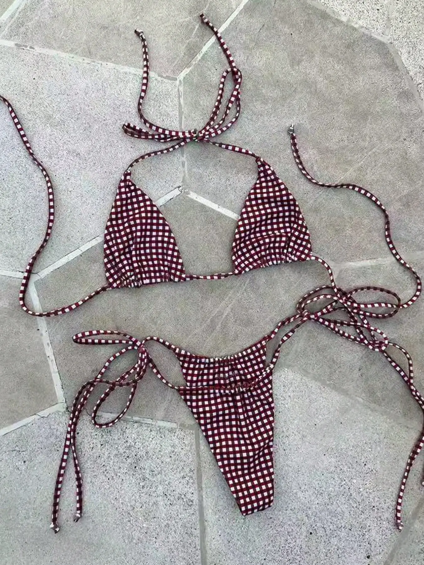 Vintage Plaid Halter Neck Bikini, Small Square Tie Swimwear, High Split Beach Bathing Suit, Unique Style for Vacation Photoshoots, Beachwear Summer Swimsuit