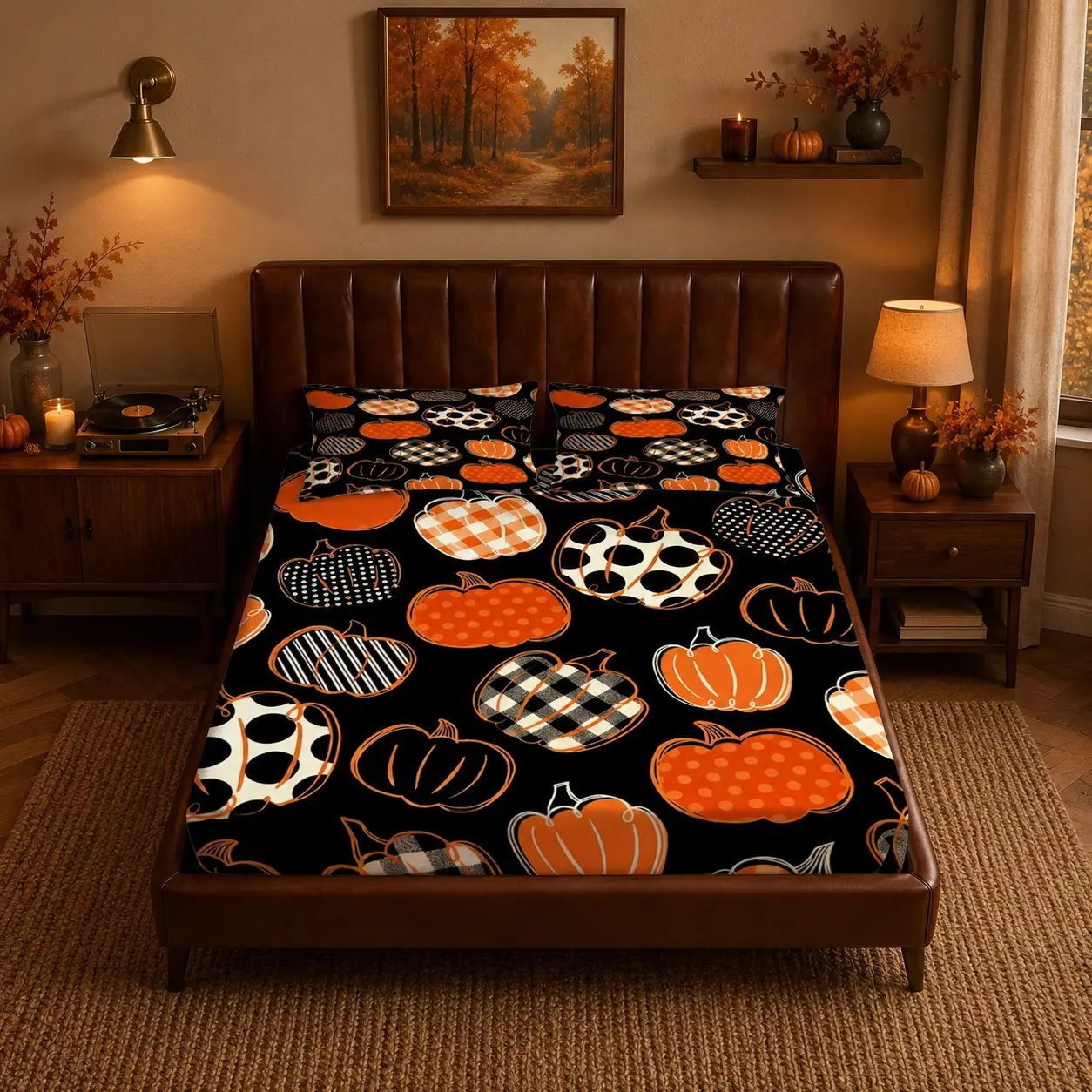 Autumn Pumpkin Printed Fitted Sheet 3 Piece Set (1 Fitted Sheet & 2 Pillowcases, No Pillow Inserts), Deep Pocket Skin-Friendly All-Season Warm Tone Bedding, for Rustic Apartments & Autumn Dorms, Ideal Thanksgiving Gift