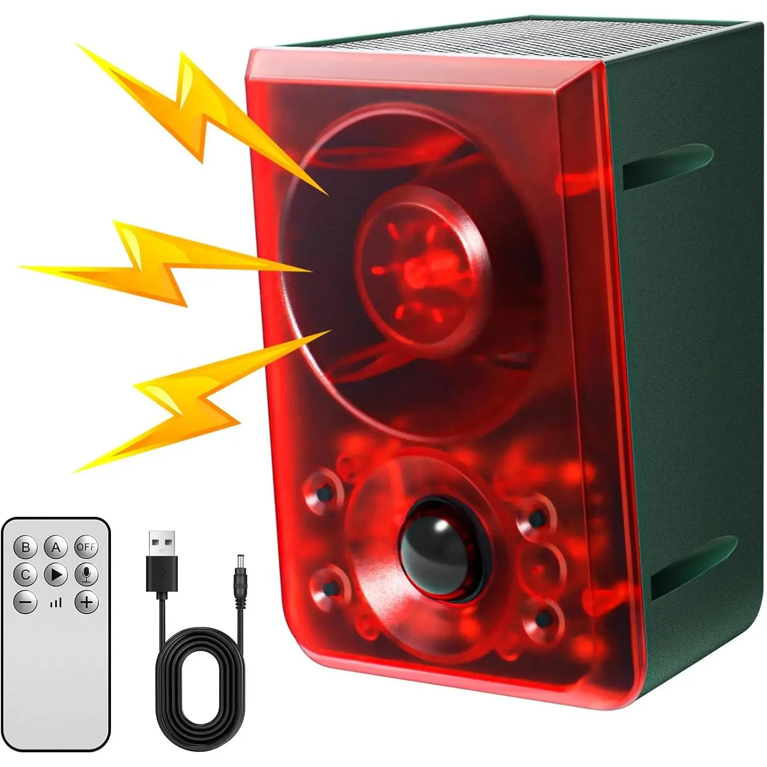 Solar Outdoor Motion Detect Alarm Complete Kit - 130dB Loudness Sirens, Barking & Gunshot Sounds, Flashing LED Lights, Sound-Light Deterrent, Recording, Volume Adjustment, Coyote Repellent