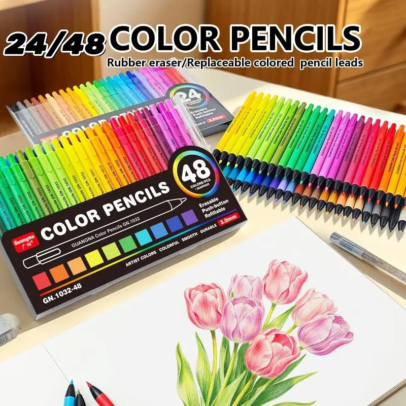 Each of the 24/48-color push-button colored pencils is durable and features a retractable design, allowing you to access the full color spectrum without sharpening-ideal for blending, shading, and detailed drawing.