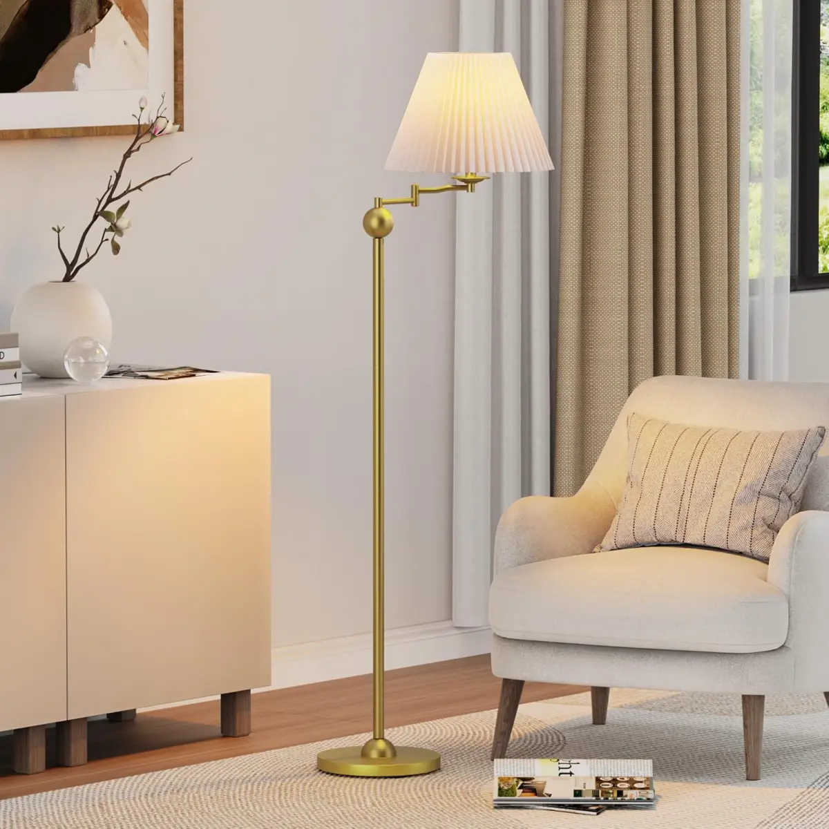 64.25" Modern Mid-Century Floor Lamp for Living Room, Adjustable Swing Arm Floor Lamp, Gold Standing Lamp, Gold Lamp Body with White Pleated Shade, Tall Lamps for Bedroom, Office, Home,  Hotel