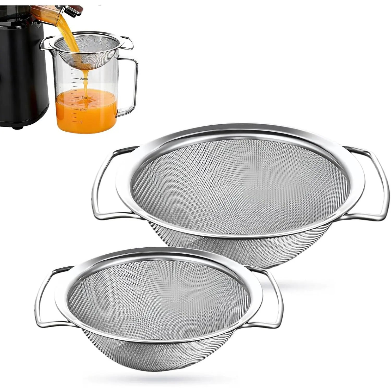 2 count Juice Strainer for Nama J2/ Cold Press Juicer,Juice Strainer After Juicing, 304 Stainless Steel  Handles Fine Mesh Pulp juicer strainer (4.9in & 6.3in)