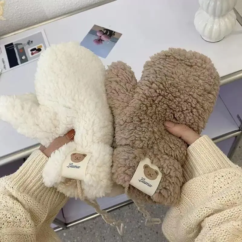 Winter Lamb Wool Bear Gloves for Women, Cute Thickened Warm Riding Gloves, Christmas Gift, Anti-Cold Handwear