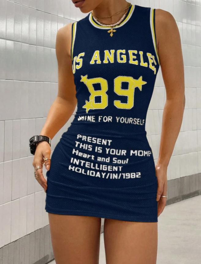 Outdoor trendy sporty color-block printed bodycon tank top short dress