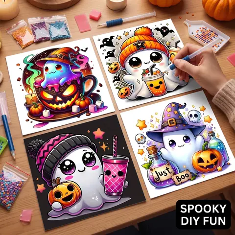 4pcs Halloween Ghost Diamond Painting Kit, Adult Art Craft Set, DIY 5D Round Drill Home Decor, No Frame Wall Decoration, DIY Kits #GLOBAL PICKS