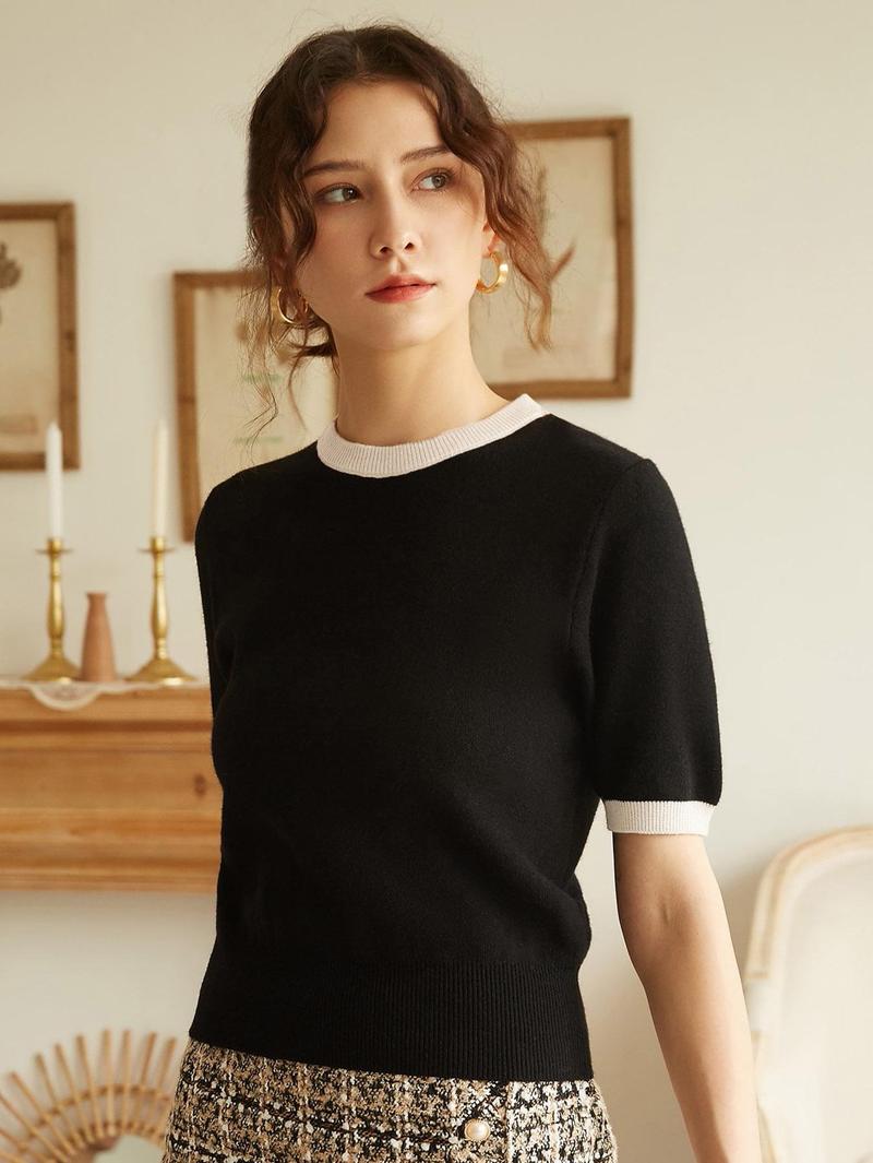 Women's French Knit Commuter Top, Colorblock Round Neck Short Sleeve Loose Fit T-Shirt, Casual Summer & Spring Fashion