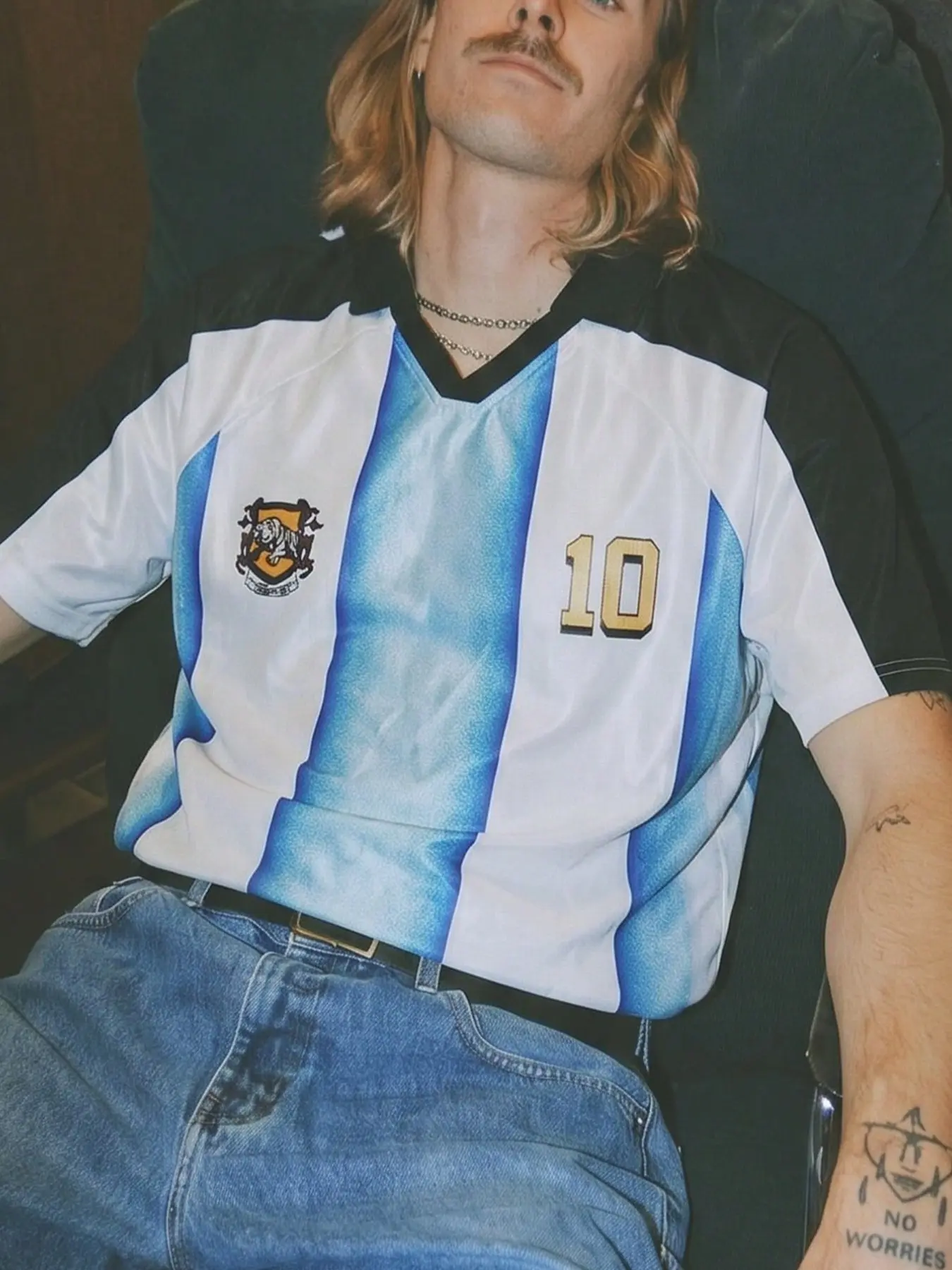 Men's Argentine Style Blue Vertical Stripe Sleeve Polo, Loose Fit Breathable Quick-Dry Short Sleeve, Casual Football Fan Gift