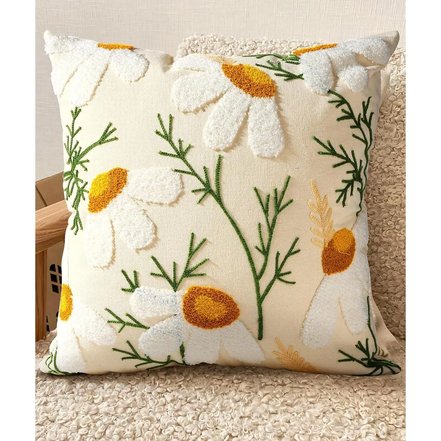 Embroidered Throw Pillow Cover - 18x18 Decorative Pillow Cover with Zipper Aesthetic Cute Design Boho Spring Summer Cozy Throw Pillowcase for Living Room Couch Sofa Bed, White Daisy