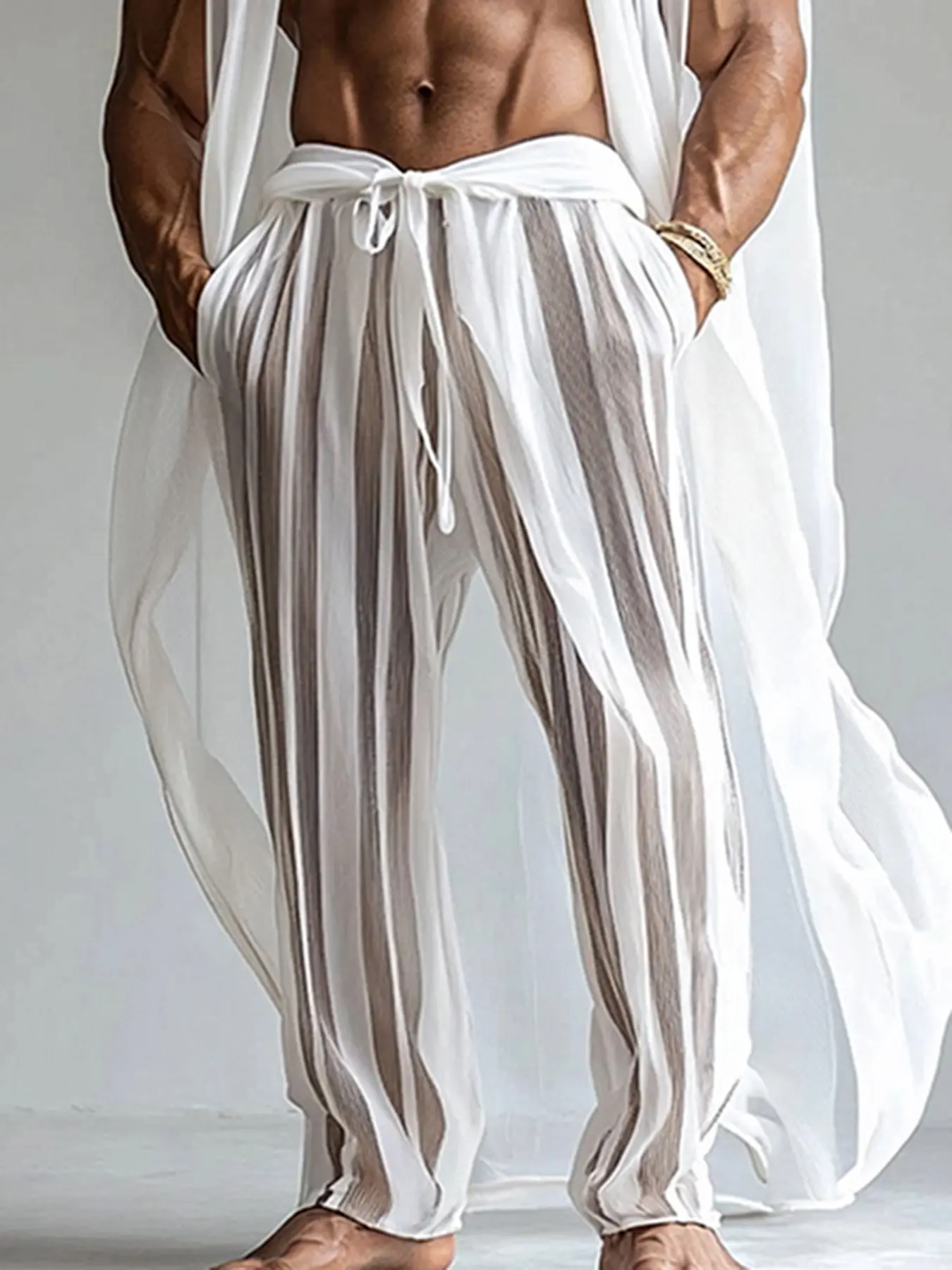 INCERUN See Through Pants Men Hansome Stripes Splicing Trousers Casual Loose Solid Color Bottoms Elegant Leisure Party Pants