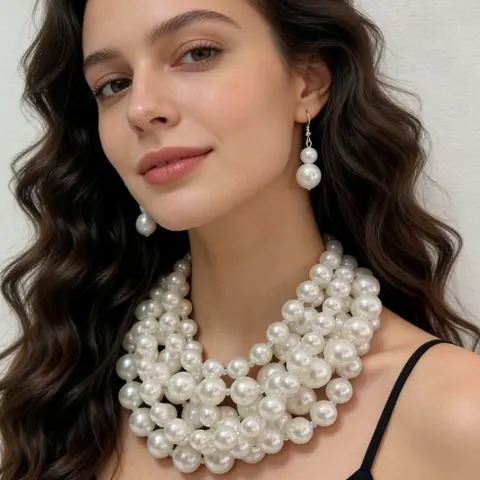Elegant Multi-Layer Pearl Necklace and Earrings Set, Vintage Dress Accessories, Party Evening Jewelry, Bridal Jewelry Set for Wedding, Heavy Beaded Pendant Set, Layered Jewelry Set, Necklaces Earrings Set